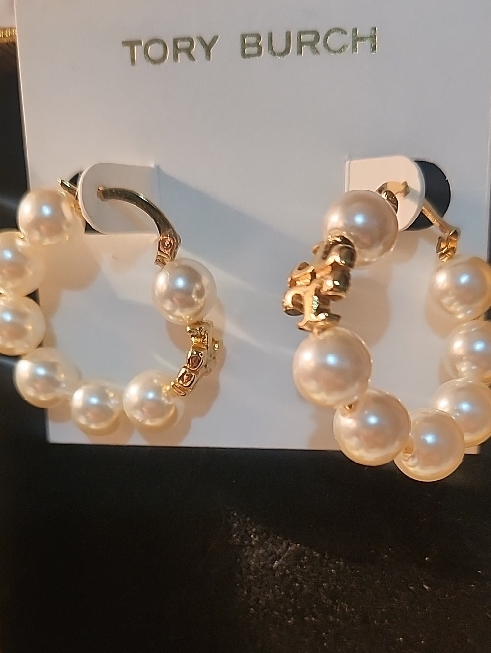 Tory Burch Pearl Hoop Earrings with Gold Logo Accents